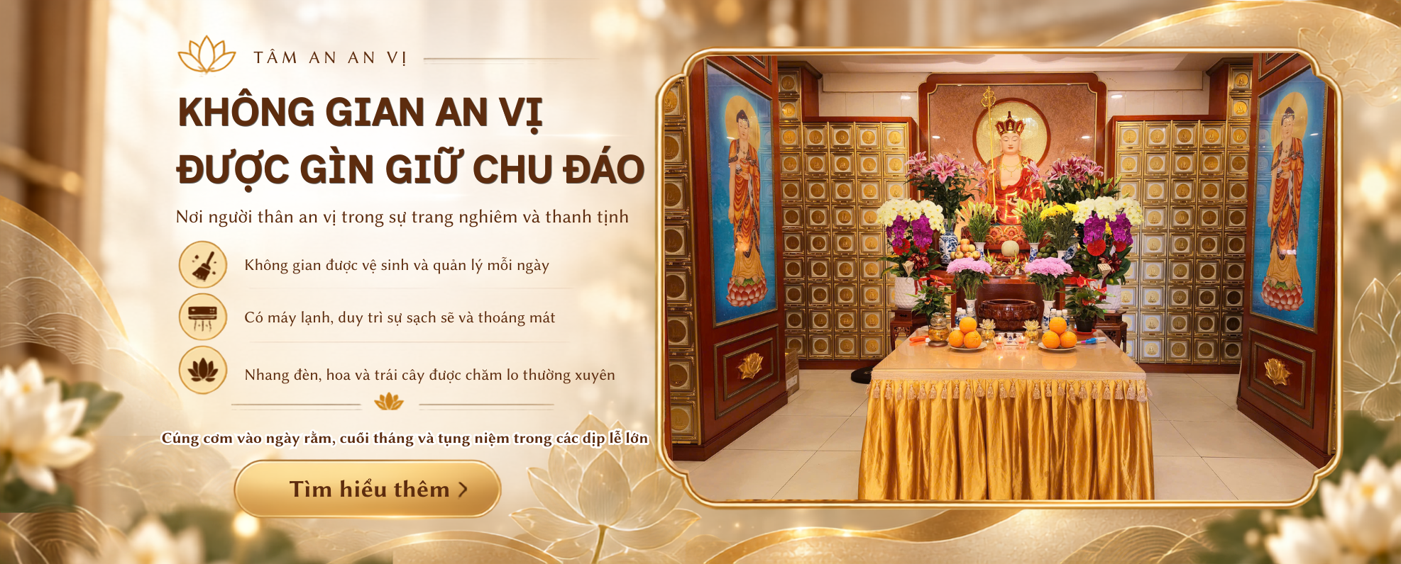 Không gian an vị tro cốt trang nghiêm, sạch sẽ và được gìn giữ chu đáo