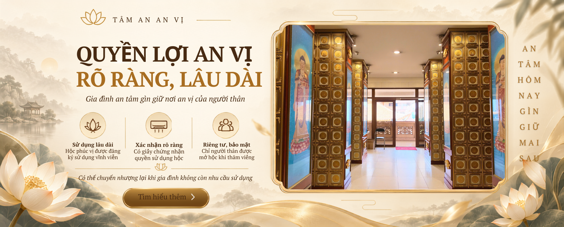 Không gian an vị tro cốt trang nghiêm, sạch sẽ và được gìn giữ chu đáo